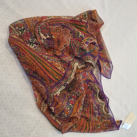 NWT 100% SILK Purple Brown Paisley Women's Scarf Multi-colour Earthy Square 36" - Picture 4 of 6